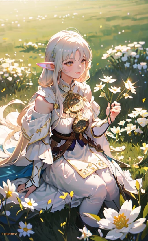 masterpiece, best quality, 1girl, elf adventurer sitting on a field of white flowers, dutch angle, cinematic, volumetric lighting, sunbeam, soft lighting, mystical, magical, rim lighting, fantasy, sparkle, glittering,High detailed ,Fu Xuan, happy face, undercloth_nipples