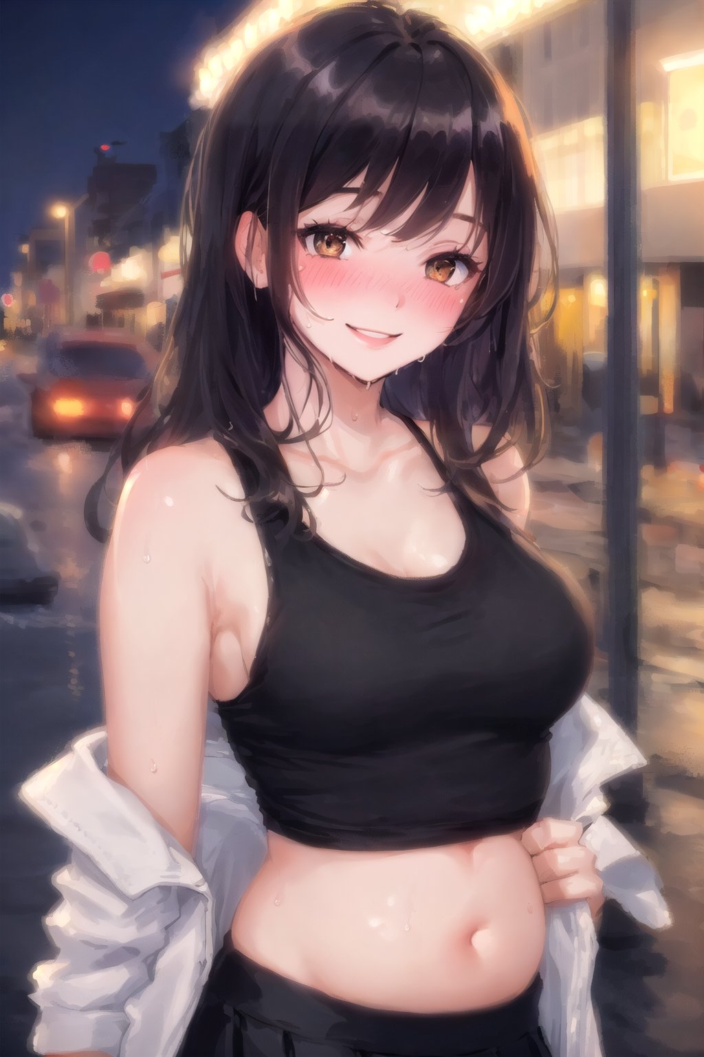 (masterpiece:1.2, best quality), (real picture, intricate details), 1lady, solo, upper body, casual, long hair, minimal makeup,blushing:1.9,wet clothes:1.7, white tank top,off belly, off shoulders blazers:1.5, medium skirt, smile,night, street light, city