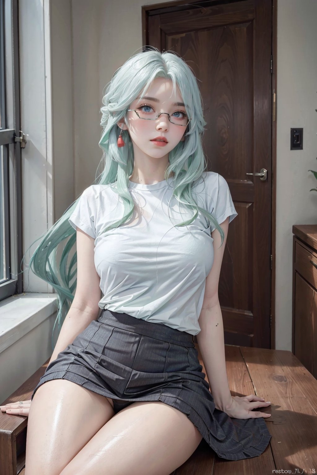 photorealistic, high resolution, 1 women, solo, hips up, look at viewer, (detailed face), white hair, long hair, tshirt:1.8, skirt, glasses, small breasts, heterochromia,xianyun,sitting girl,Sexy Pose