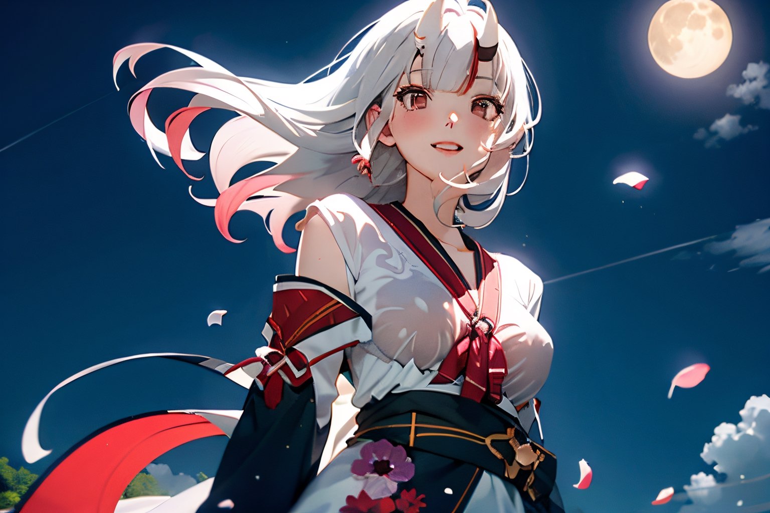 best quality, 1girl, standing, white hair, hanbok, full body shot, shoes, (colorful),(delicate eyes and face), volumatic light, extremely detailed CG unity 8k wallpaper,smile,((flying petal)), cloudy_sky, moonlight, moon, night, (dark theme:1.3), kimono:1.8, light, fantasy, best quality, lens flare, depth of field, motion blur, 
Gigantic breasts, variative posture, upper body,

Wetshirt,High detailed ,Nakiri Ayame