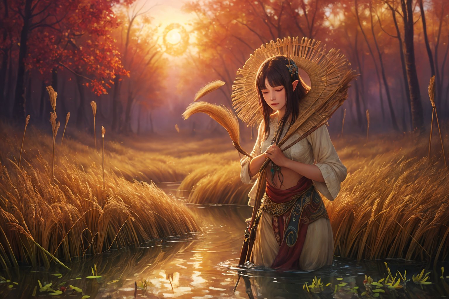 (masterpiece)(bestquality)Whispering Reeds, The reeds sway in an otherworldly breeze, murmuring secrets that were never meant to be heard by mortal ears, as unseen eyes watch from the depths of the stagnant waters.(4k, oil painting , highly detailed)