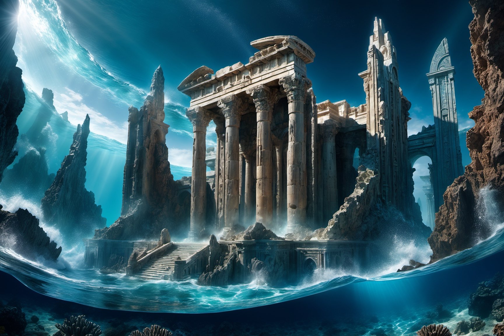 professional, high quality photorealistic photo RAW of (Atlantis, A lost city of great wisdom and power, now drowned beneath the sea :1.01), rim lighting, breathtaking,massive scale, 8k resolution, detailed, focused, (style of karol bak:0.5)
