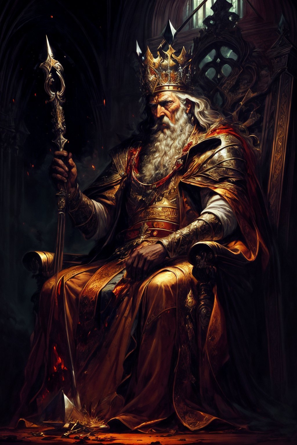 (masterpiece,ultra detailed:1.2) A wise king, sharp-tempered, coarse, thick-haired, tall, sitting on the throne with a scepter in his hand, surrounded by dead people and corpses in background fantasy, illustration , (style of Alan Lee,style of Bastien Lecouffe-Deharme),blood,fansty world