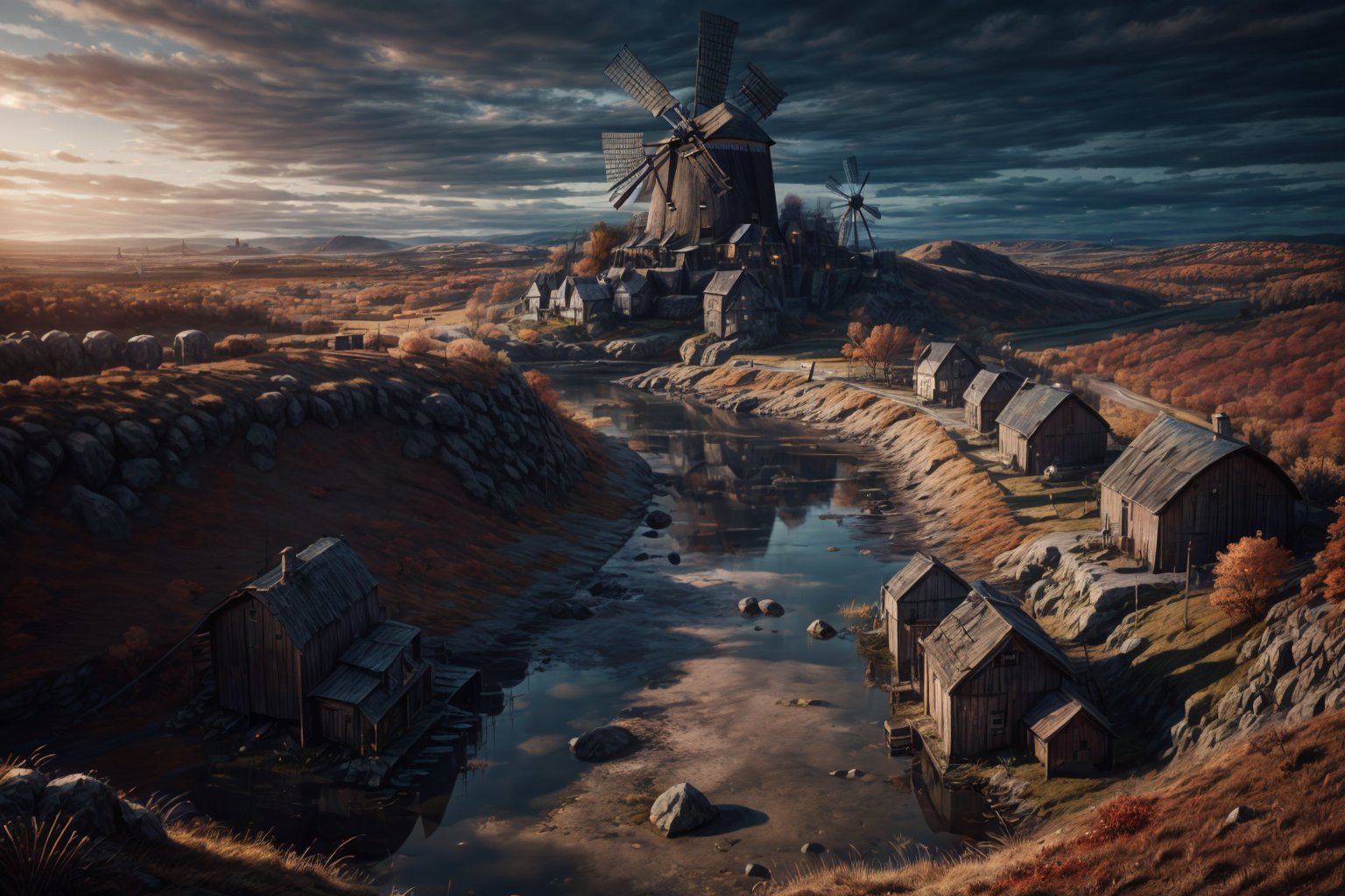 (Absurdres, Intricate Details, Masterpiece, Best Quality, High Resolution, 8k)Aerial view Ancient medieval city , full of (huts,Barn,Windmill,water twoer) ,(Daylight) , (cloud),Autumn season (gloomy illumination, insane, stunning, dramatic, completed artwork, HQ:1.1), ,no_humans,fate/stay background,foreground