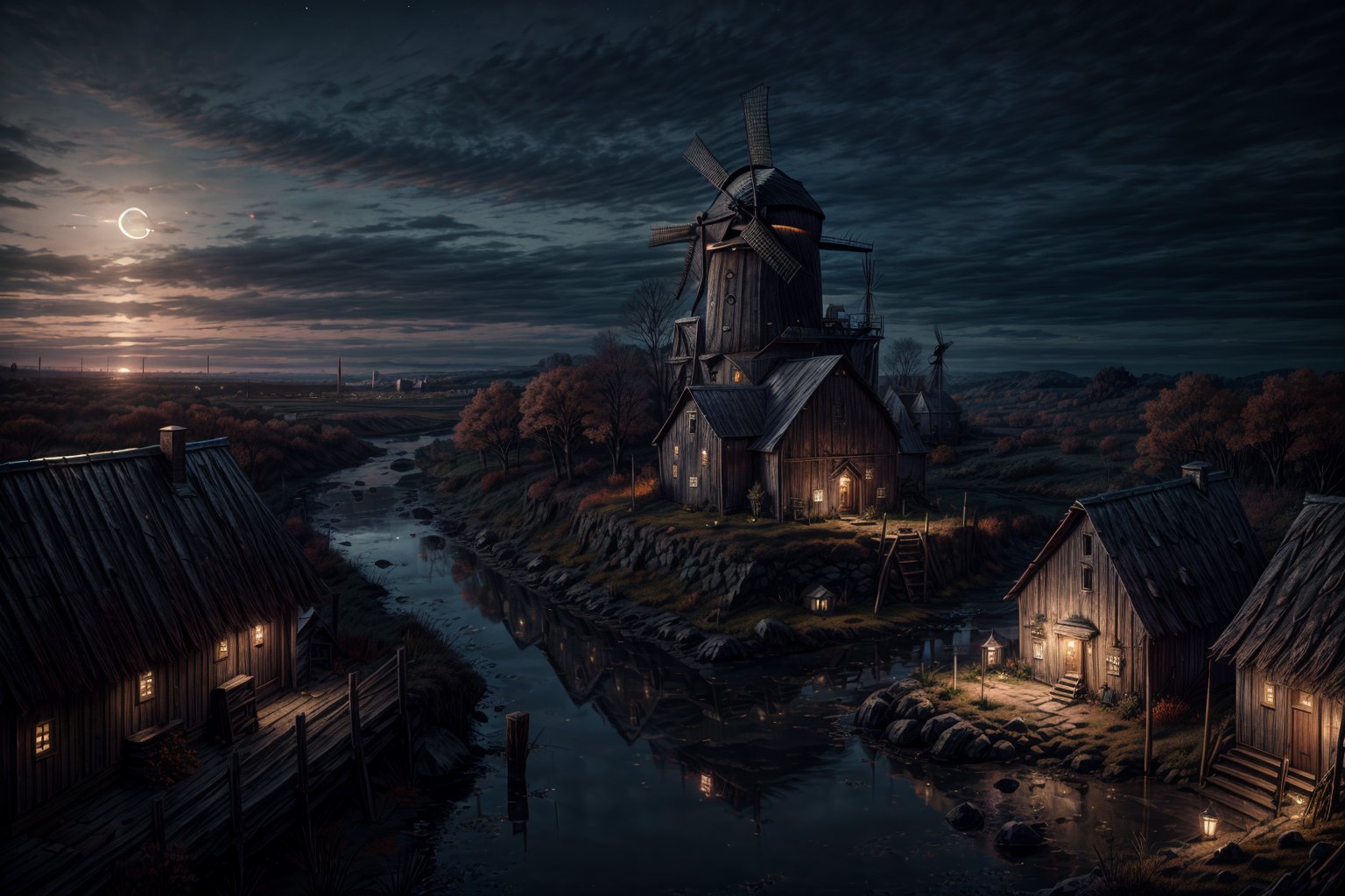 (Absurdres, Intricate Details, Masterpiece, Best Quality, High Resolution, 8k)Aerial view Ancient medieval city , full of (huts,Barn,Windmill,water twoer) ,(Daylight) , (cloud),Autumn season (gloomy illumination, insane, stunning, dramatic, completed artwork, HQ:1.1), ,no_humans,fate/stay background,foreground,moonlight reflection