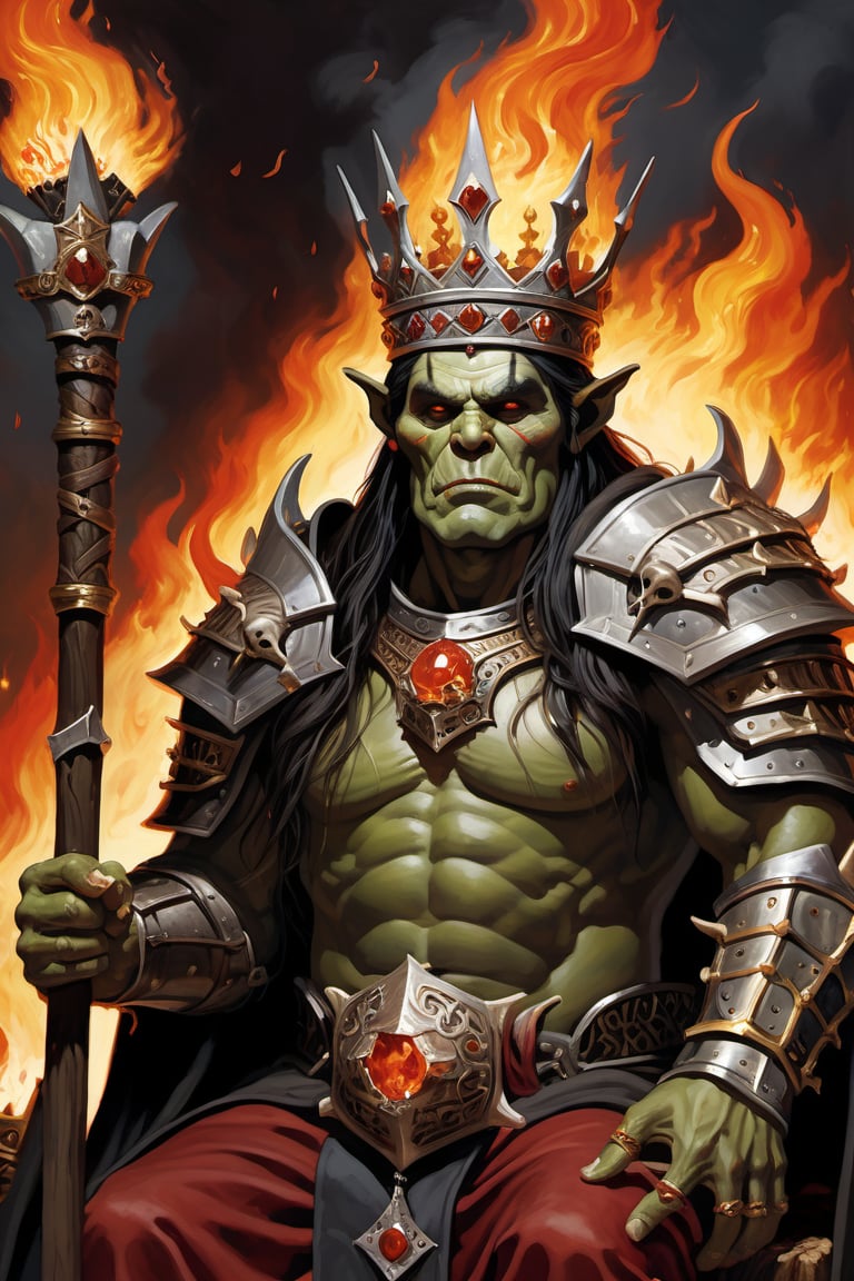 close-up painting of a king of ((orc)) crown , wearing cloack with binned armored , holding enchanted fire club , setting on Throne Made From Bones , dead body in ground 