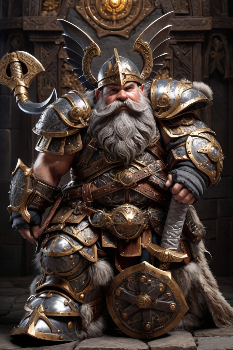 (full body) male dwarf wearing long beard and mustache , pinpoint armor ,wing helmet, macular , holding a huge club axe , stunning , great anatomy , centered