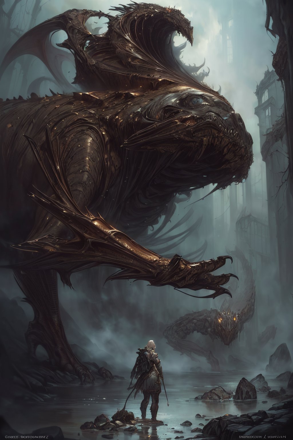 (masterpiece,extremly intricate details)woman standing infront of huge monster (mudcrabs) (on the groud) (pinchers) (wet rocks) , highly detailed, baroque painting, intricate, elegant, digital painting, artstation, concept art, smooth, sharp focus, illustration(by greg rutkowski, tomasz alen kopera, giger, donato giancola:1.4)
