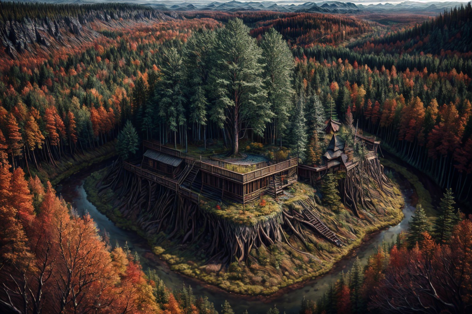 (Absurdres, Intricate Details, Masterpiece, Best Quality, High Resolution, 8k)Aerial view scenery of Taiga ,1400years,Daylight (gloomy illumination, insane, stunning, dramatic, completed artwork, HQ:1.1), ,TreeAIv2,no humans,scenery