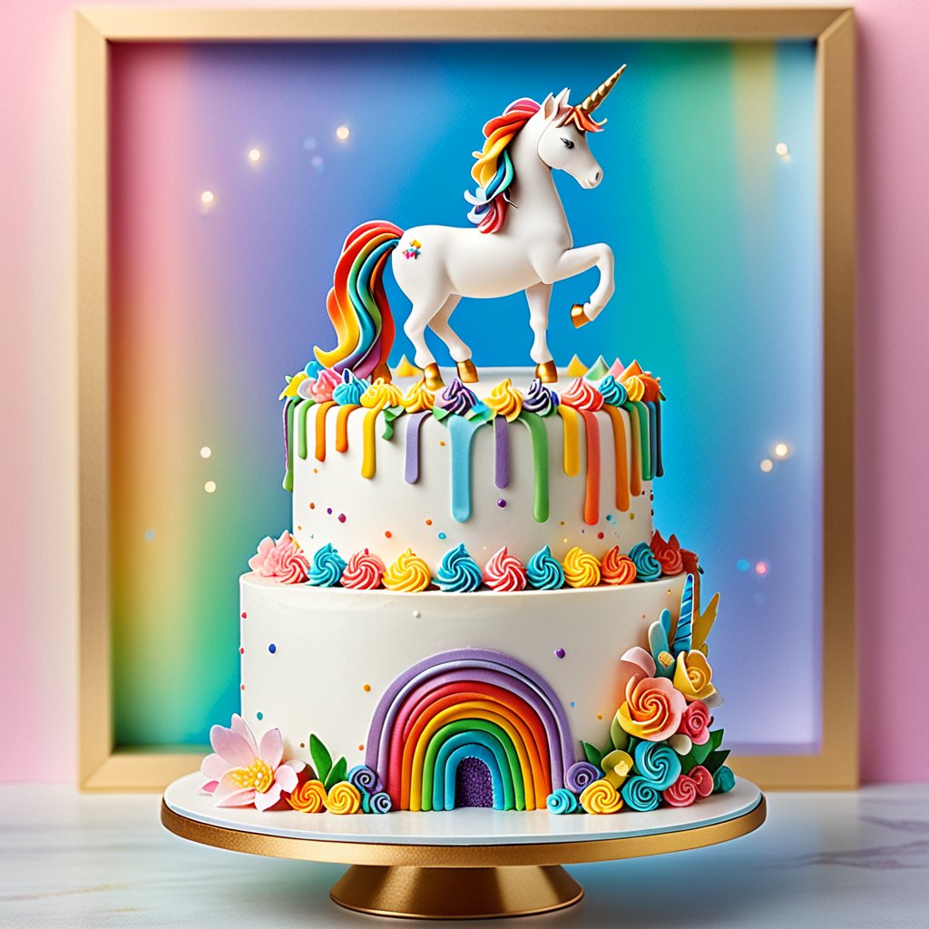 Create an image of a birthday cake with a whimsical theme, featuring a vibrant rainbow cascading down the sides and a detailed, pastel-colored unicorn figurine atop the cake. The cake is brightly lit, showcasing its multi-layered structure and colorful frosting. The scene is framed to focus on the cake, with soft, pastel backgrounds enhancing the magical atmosphere.