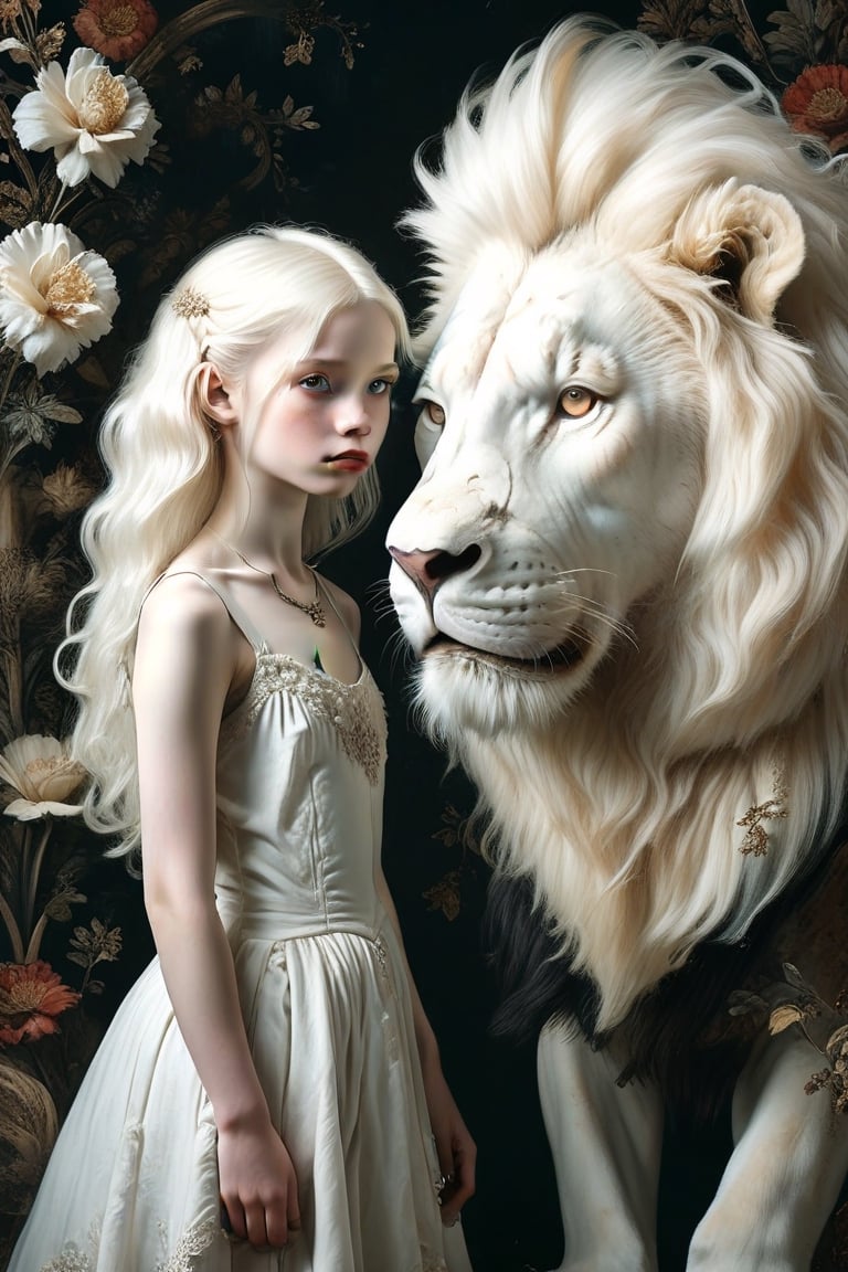 1girl,1animal,Vintage punk, artwork, a giant albino lion, a young girl standing beside the lion, enigmatic beauty, flowing mane, and other details of the creature's otherworldly form are all exquisitely rendered,emo