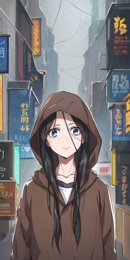 Generate hyper realistic image of a solitary girl in a cyberpunk cityscape, her upper body shrouded in a hood against the rain. A mask conceals part of her face, creating an air of intrigue. The surroundings blur into neon-lit shadows, and her eyes emit an ethereal glow, adding a touch of mystique. The combination of the hood, mask, and glowing eyes adds to the futuristic and sci-fi atmosphere of the artwork..,fbb