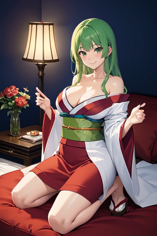 anime girl with light-green hair,kneeling on futon, wearing a simple robe, official art, shirabii, wears a long robe, painted in anime painter studio, anime moe artstyle, cushart krenz key art feminine, official artwork, in a kimono, anime visual of a cute girl,
gigantic breasts:1.5, hands pulling off her own kimono, seductive:1.9 (pose, the way she look at camera, shoulders, smile), blushing:1.9