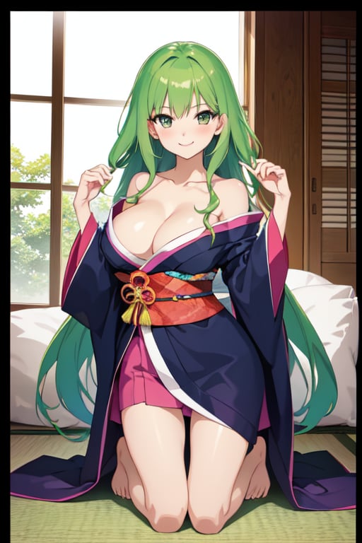 anime girl with light-green hair,kneeling on futon, wearing a simple robe, official art, shirabii, wears a long robe, painted in anime painter studio, anime moe artstyle, cushart krenz key art feminine, official artwork, in a kimono, anime visual of a cute girl,
gigantic breasts:1.5, hands pulling off her own kimono, seductive:1.9 (pose, the way she look at camera, shoulders, smile), blushing:1.9, barefoot, white stockings,