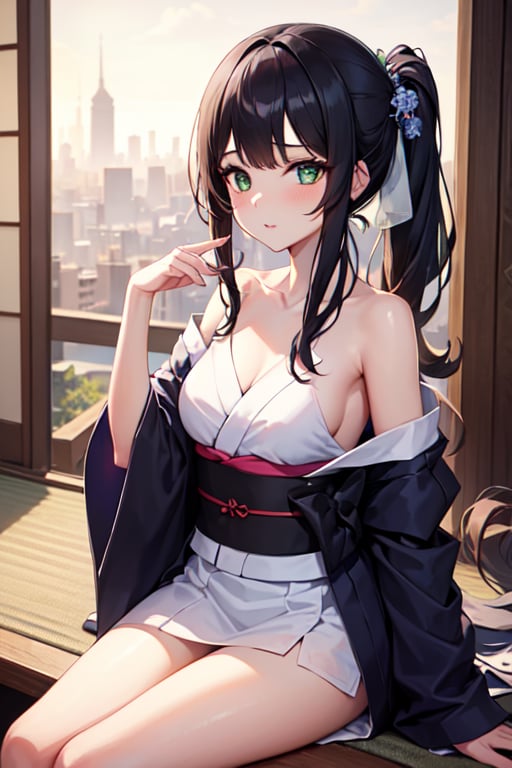 (masterpiece), (best quality), highres, highly detailed, an extremely delicate and beautiful,
1 girl, 
seductive_pose:1.9,
long black ponytail, side bangs, wavy hair, big green eyes, slim body, medium breasts,
wearing yukata,off shoulder yukata, transparent white clothes, wearing shirt inside yukata, hair ornaments, white stockings,

top of hills, city of view, far away city,