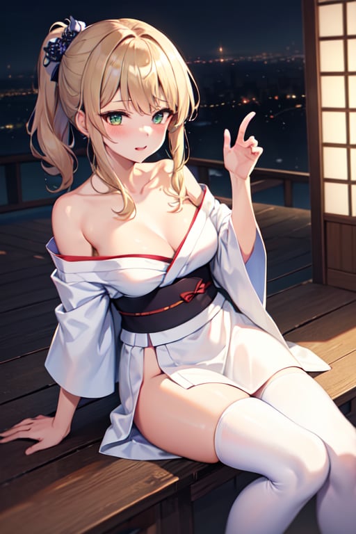 (masterpiece), (best quality), highres, highly detailed, an extremely delicate and beautiful,
1 girl, 
seductive_pose:1.9,
long black ponytail, side bangs, wavy hair, big green eyes, slim body, medium breasts,
wearing yukata,off shoulder yukata, transparent white clothes, wearing shirt inside yukata, hair ornaments, white stockings,

top of hills, city of view, far away city,