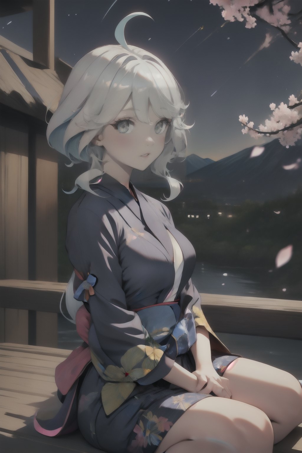 Ino yamanaka, yukata clothes, best quality, masterpiece, teary-eyed , light_blue_eyes,  long_ponytail, hair over eyes, medium_breasts, curvy_figure, cherry blossoms, mountain,rainy, smile, night_sky, stars_(sky),focalor, furina,sitting on the crescent moon,perfecteyes,furina,girl,missionary,perfect