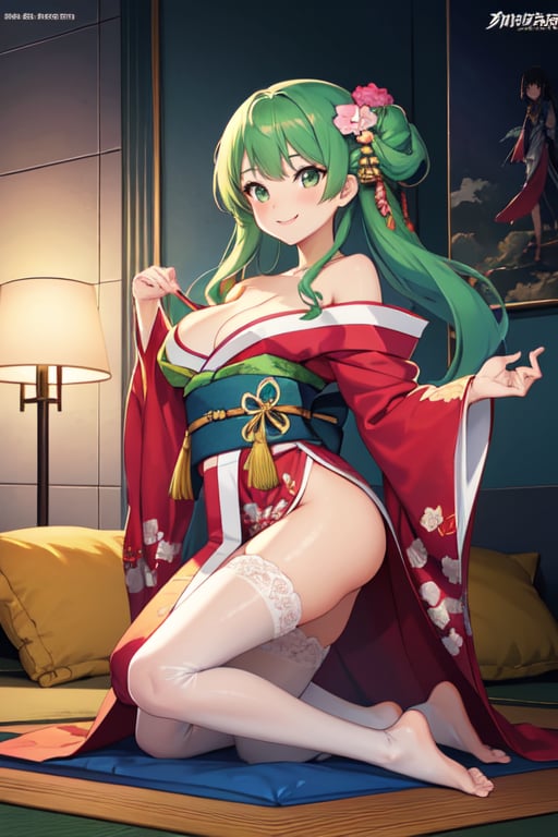 anime girl with light-green hair,kneeling on futon, wearing a simple robe, official art, shirabii, wears a long robe, painted in anime painter studio, anime moe artstyle, cushart krenz key art feminine, official artwork, in a kimono, anime visual of a cute girl,
gigantic breasts:1.5, hands pulling off her own kimono, seductive:1.9 (pose, the way she look at camera, shoulders, smile), blushing:1.9, barefoot, white stockings,