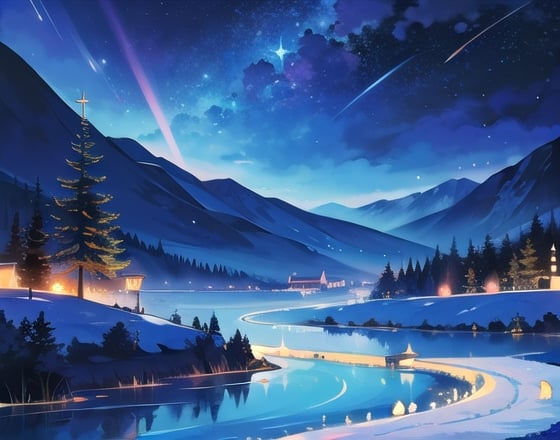 (masterpiece,more detail:1.1, best quality:1.3), (scenery:1.3), blue theme, sky, castle, lake, starry sky, night, This paragraph describes a digital painting which depicts an otherworldly, surreal and majestic scene. The artwork features a giant mountain range with intricate forest details, vegetation, and rivers surrounding them. This is a high-quality, 8K resolution masterpiece of digital art, creating a beautiful movie-like background with magical atmosphere through unique lighting effects. The sky is decorated with snow and stars, The artwork belongs to the genre of icepunk, creating a chilly winter visual style.,watercolor