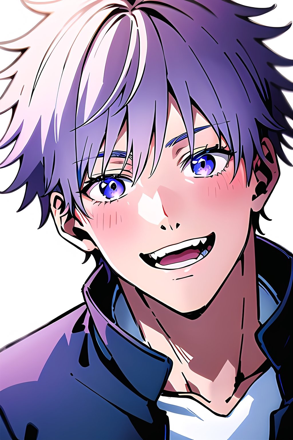 satoru gojo, white hair, short hair, hair between eyes, blue eyes, colored eyelashes, looking at viewer, blush, smile, short hair, open mouth, bangs, simple background, 1boy, white background, purple eyes, jacket, white shirt, upper body, :d,