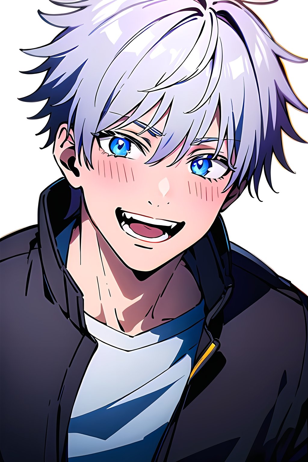 satoru gojo, white hair, short hair, hair between eyes, blue eyes, colored eyelashes, looking at viewer, blush, smile, short hair, open mouth, bangs, simple background, 1boy, white background, purple eyes, jacket, white shirt, upper body, :d,