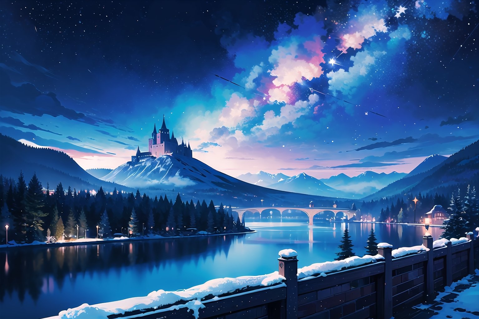 (masterpiece,more detail:1.1, best quality:1.3), (scenery:1.3), blue theme, sky, castle, lake, starry sky, night, This paragraph describes a digital painting which depicts an otherworldly, surreal and majestic scene. The artwork features a giant mountain range with intricate forest details, vegetation, and rivers surrounding them. This is a high-quality, 8K resolution masterpiece of digital art, creating a beautiful movie-like background with magical atmosphere through unique lighting effects. The sky is decorated with snow and stars, The artwork belongs to the genre of icepunk, creating a chilly winter visual style.