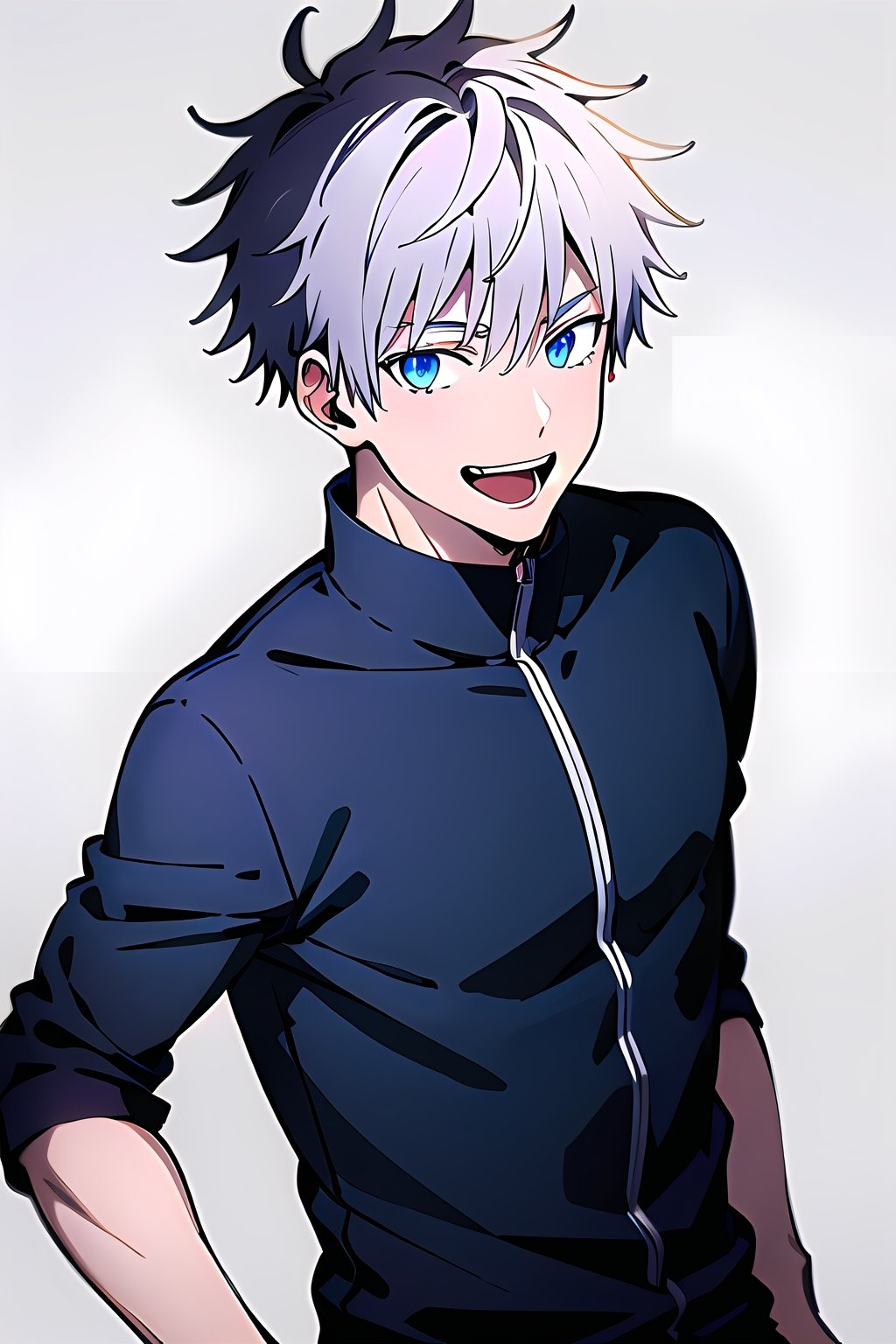 (masterpiece, best quality:1.2), cowboy shot, solo, male focus, satoru gojo, white hair, short hair, hair between eyes, blue eyes, colored eyelashes, looking at viewer, short hair, smile, bangs, simple background, 1boy, white background, purple eyes, jacket, white shirt, upper body, medium shoot, fullbody, :d, black pants, no cropped, in frame, middle,