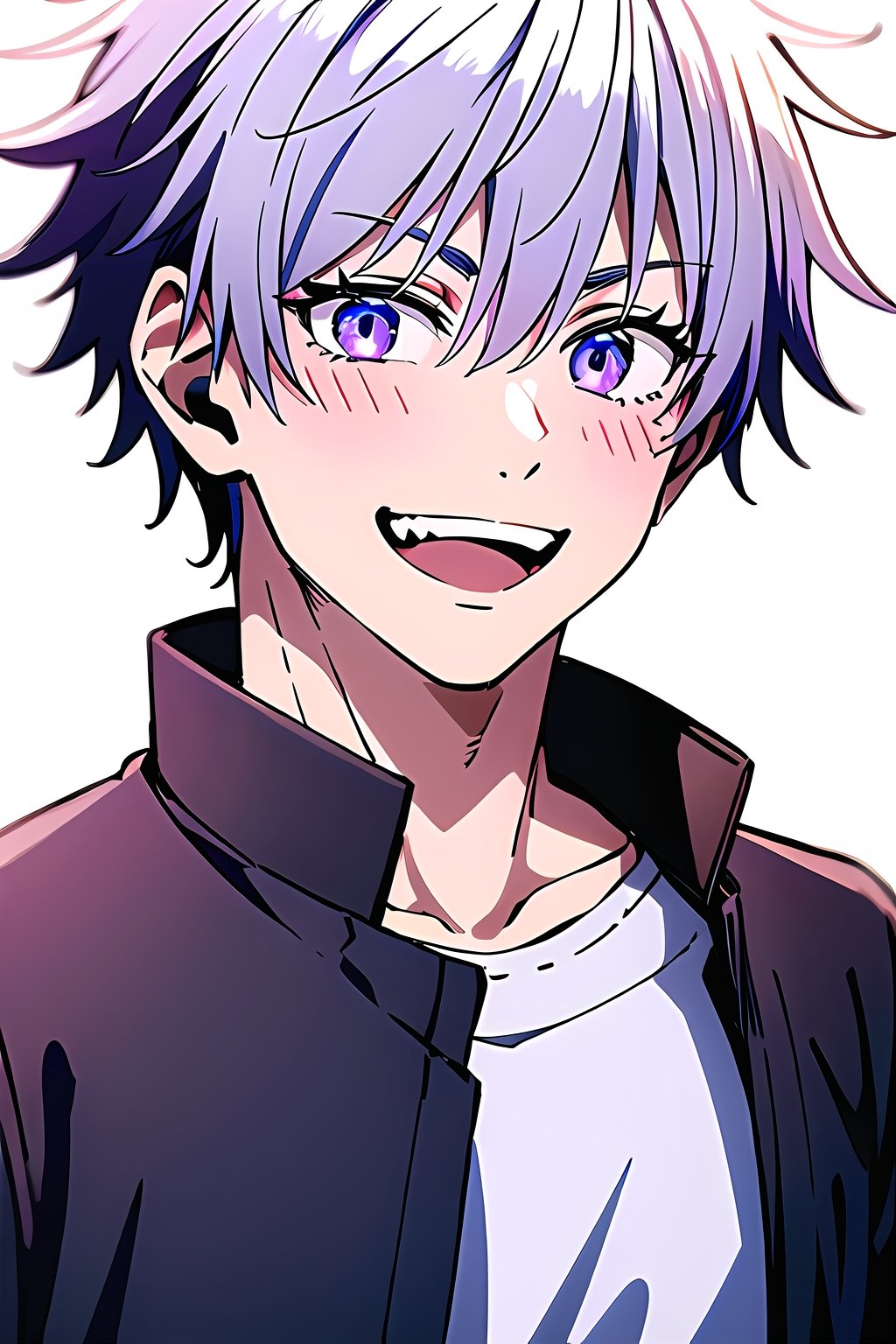 satoru gojo, white hair, short hair, hair between eyes, blue eyes, colored eyelashes, looking at viewer, blush, smile, short hair, open mouth, bangs, simple background, 1boy, white background, purple eyes, jacket, white shirt, upper body, medium shoot, :d,