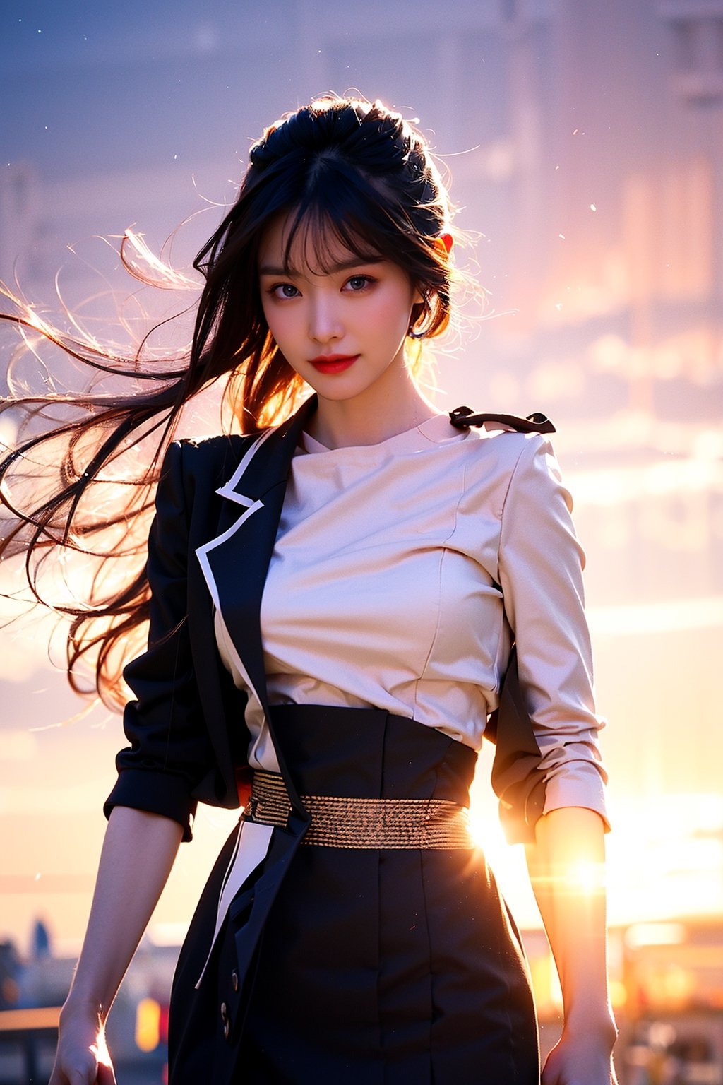 (masterpiece, top quality, best quality, official art, beautiful and aesthetic:1.2), hdr, high contrast, wideshot, 1girl, bun black hair with bangs, look at viewer, light smile, clearly brown eyes, longfade eyebrow, soft make up, ombre lips, hourglass body, large breast, (stewardess theme:1.5), finger detailed, background detailed, ambient lighting, extreme detailed, cinematic shot, realistic ilustration, (soothing tones:1.3), (hyperdetailed:1.2),facing different directions，white background