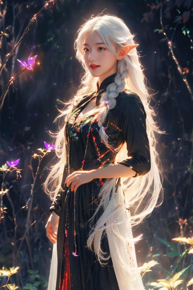 HDR, Ultra detailed illustration, Fantasy, a elf  with crown, a magical world full of unique luminous flora, pastel colors, full body shot, Final Fantasy theme, small breast, shoulder, arm,  digital art, art by Mschiffer, night, dark, (red  bioluminescence:1.2), (darkness background:1.2), 1girl, a young girl 16 years old, tiny, long legs, white skin, pale skin, (long hair, white hair:1.3), (big eyes:1.2), innocent face,  take shelter beside a large mushroom tree, bioluminescence meadow, high contrass, low brightness, ,more detail ,a girl has two braids,a girl is laughing 