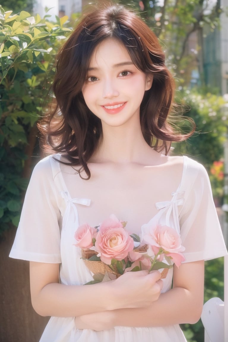 1girl, solo, curly hair, messy hair, long hair, looking at viewer, brown hair, black hair, dress, holding, upper body, flower, short sleeves, outdoors, white dress, lips, rose, leaf, pink flower, realistic, basket,dream_girl,film_grain,dreamgirl,sunny smile