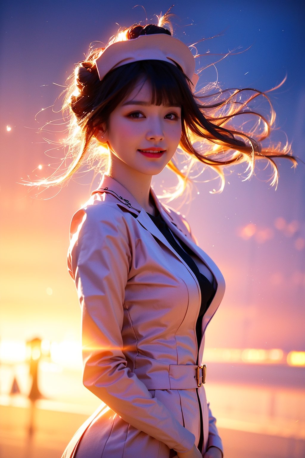 (masterpiece, top quality, best quality, official art, beautiful and aesthetic:1.2), hdr, high contrast, wideshot, 1girl, bun black hair with bangs, look at viewer, light smile, clearly brown eyes, longfade eyebrow, soft make up, ombre lips, hourglass body, large breast, (stewardess theme:1.5), finger detailed, background detailed, ambient lighting, extreme detailed, cinematic shot, realistic ilustration, (soothing tones:1.3), (hyperdetailed:1.2),facing different directions，white background