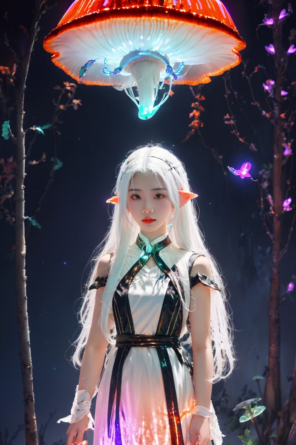 HDR, Ultra detailed illustration, Fantasy, a elf  with crown, a magical world full of unique luminous flora, pastel colors, full body shot, anime body, Final Fantasy theme, small breast, shoulder, arm,  digital art, art by Mschiffer, night, dark, (red  bioluminescence:1.2), (darkness background:1.2), 1girl, a young girl 12 years old, tiny, long legs, white skin, pale skin, (long hair, white hair:1.3), (big eyes:1.2), innocent face,  take shelter beside a large mushroom tree, bioluminescence meadow, high contrass, low brightness, ,more detail 