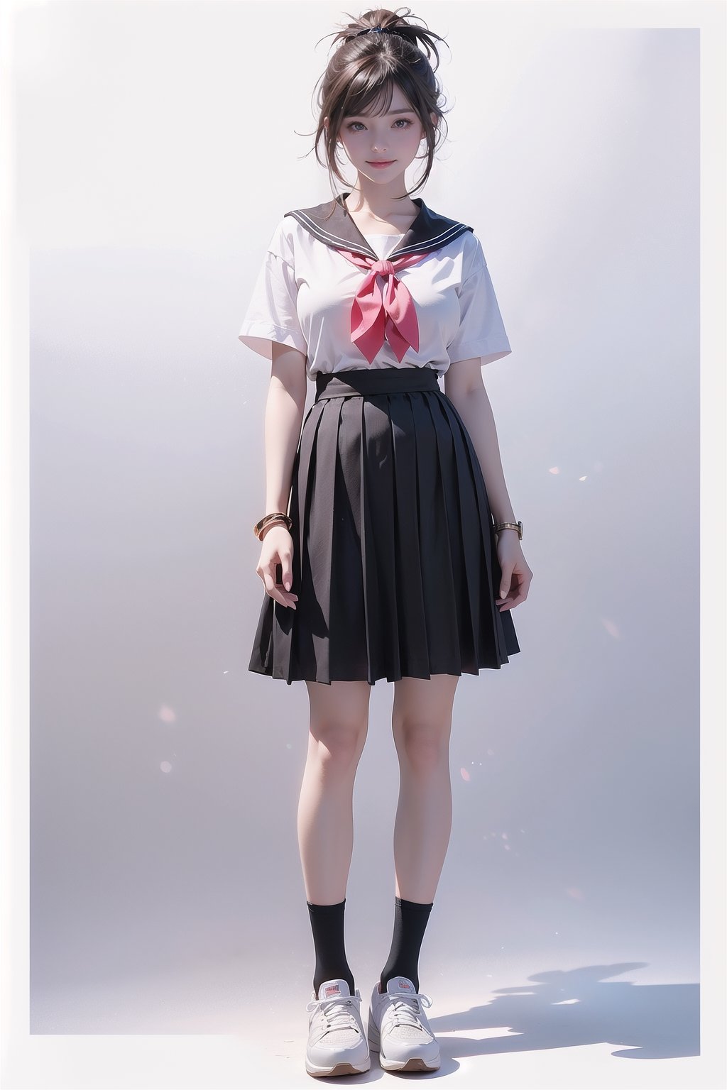 (best quality), ((masterpiece)), (highres), illustration, original, extremely detailed, (二次元大系·御姐篇_V1.0:0.7)zlqs, 1girl, skirt, solo, shoes, full body, white background, school uniform, brown hair, black skirt, simple background, smile, looking at viewer, jewelry, pleated skirt, clothes around waist, short sleeves, breasts, standing, sneakers, white shirt, bracelet, ponytail, shirt, serafuku, neckerchief, sailor collar, bangs, large breasts, socks, purple eyes, jacket, closed mouth, black sailor collar, sweater ,Realism