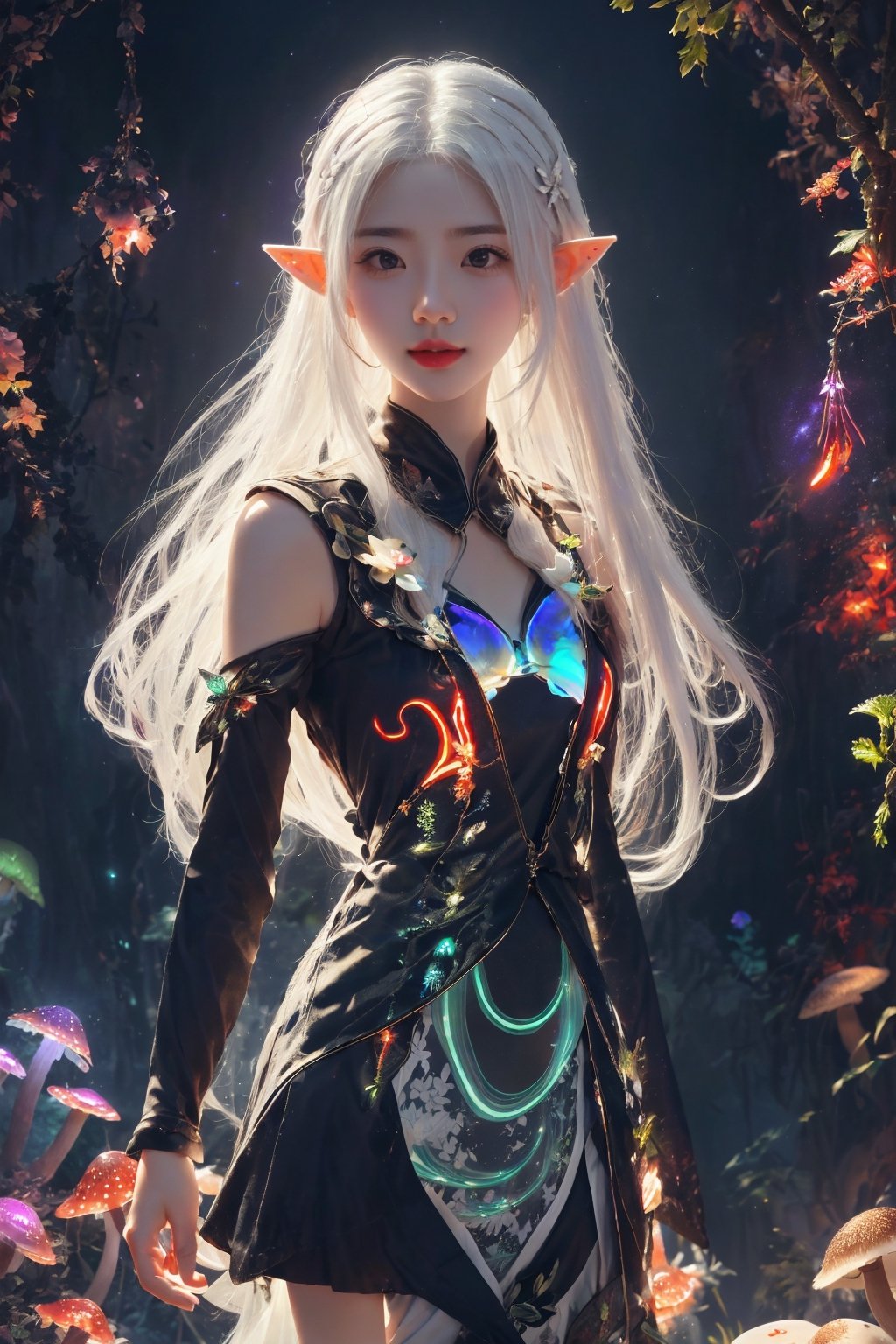 HDR, Ultra detailed illustration, Fantasy, a elf  with crown, a magical world full of unique luminous flora, pastel colors, full body shot, anime body, Final Fantasy theme, small breast, shoulder, arm,  digital art, art by Mschiffer, night, dark, (red  bioluminescence:1.2), (darkness background:1.2), 1girl, a young girl 12 years old, tiny, long legs, white skin, pale skin, (long hair, white hair:1.3), (big eyes:1.2), innocent face,  take shelter beside a large mushroom tree, bioluminescence meadow, high contrass, low brightness, ,more detail 