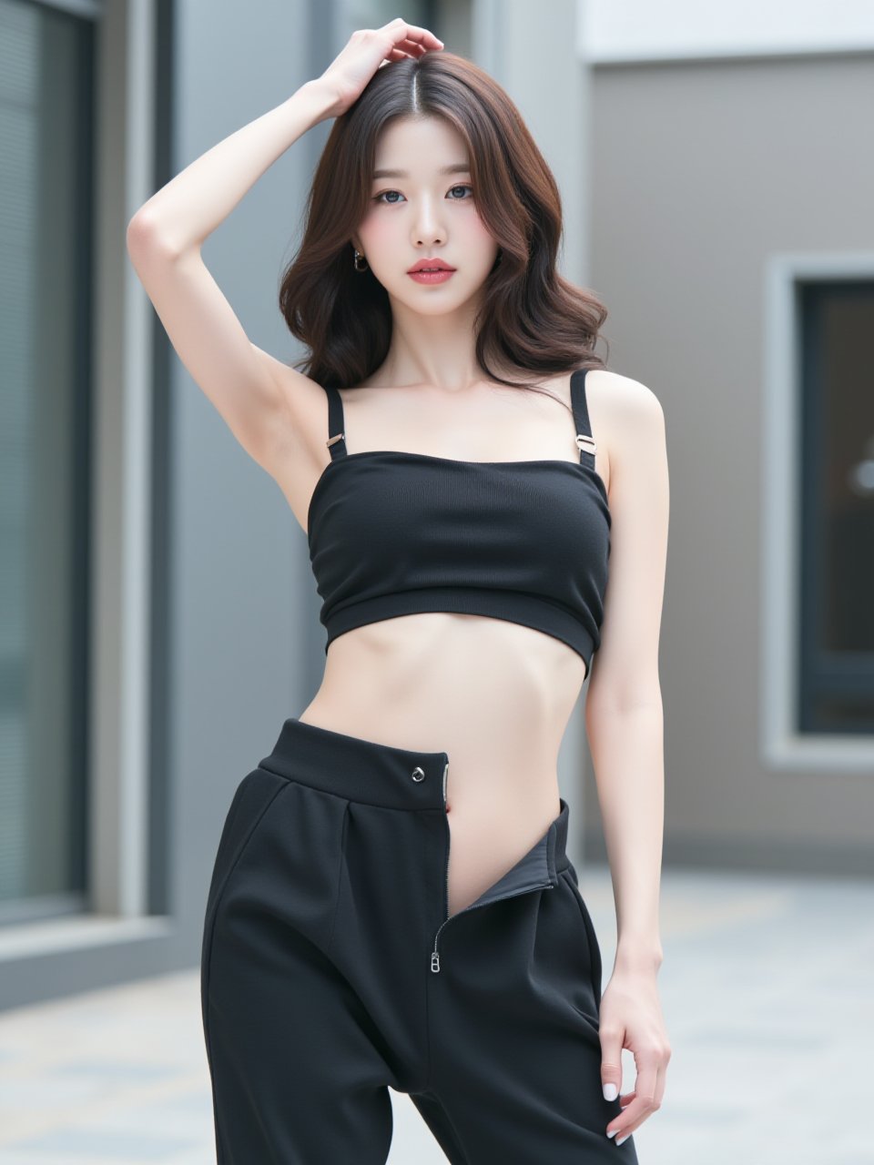 (ultra realistic,32k, masterpiece:1.2),(high detailed skin:1.1),( high quality:1.1), (masterpiece, best quality),Best quality,A 20-year-old elegant and sexy city Korean woman with thick sexy body posing in urban background in Seoul wearing low-waisted low-rise low-riding sweatpants (exposing navel and lower-abdomen), beauy_ks01, Her look is completed with natural wavy hair and neutral-toned makeup, jisosmile, ct-identity,