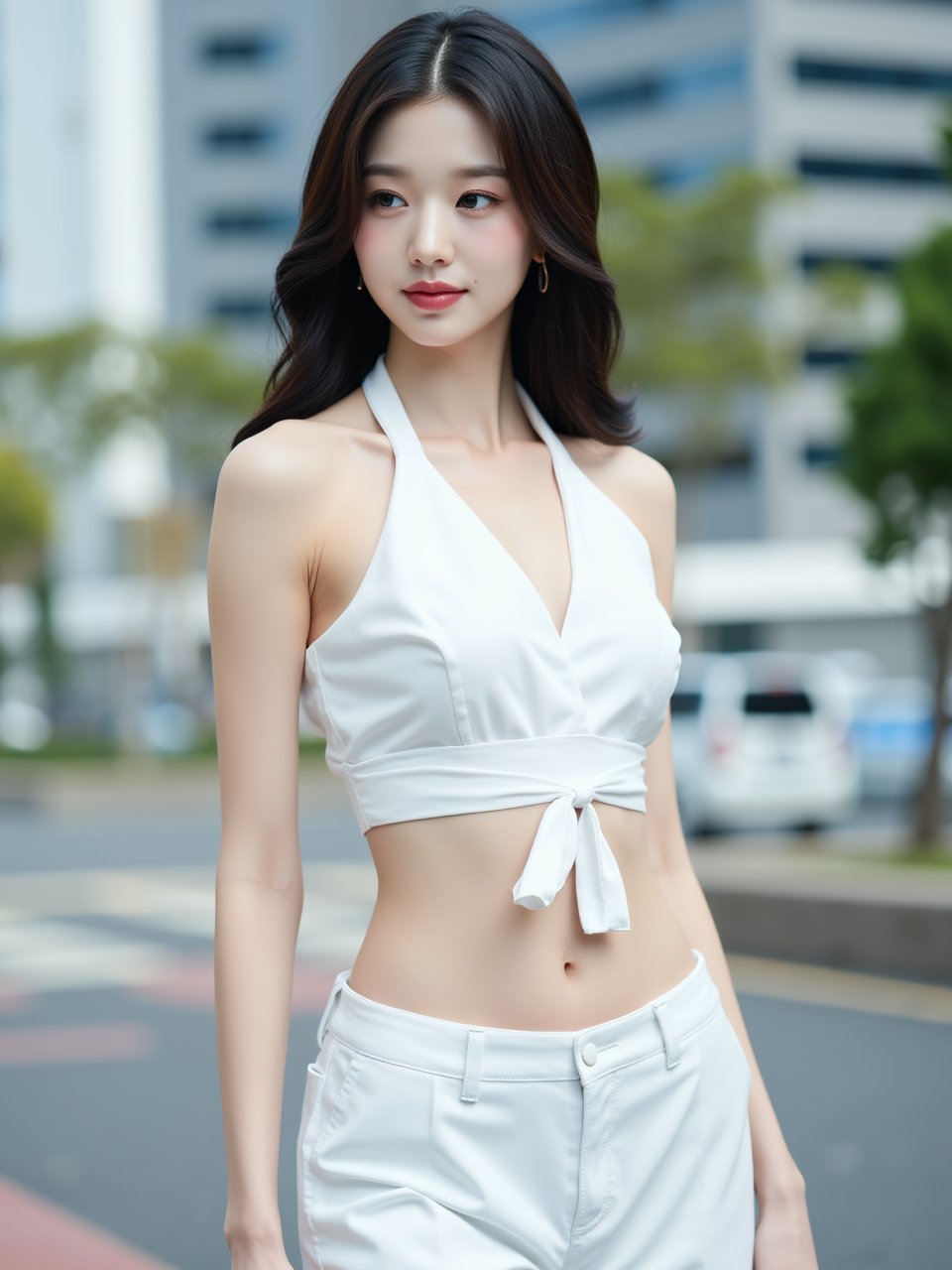 (ultra realistic,32k, masterpiece:1.2),(high detailed skin:1.1),( high quality:1.1), (masterpiece, best quality),Best quality,A 20-year-old elegant and sexy city Korean woman with perfect thick body posing in urban background wearing office style sleeveless halterneck white blouse and low-rise low-riding low-waisted pants (exposing navel and lower-abdomen) , beauy_ks01, Her look is completed with natural wavy hair and neutral-toned makeup, jisosmile, ct-identity,