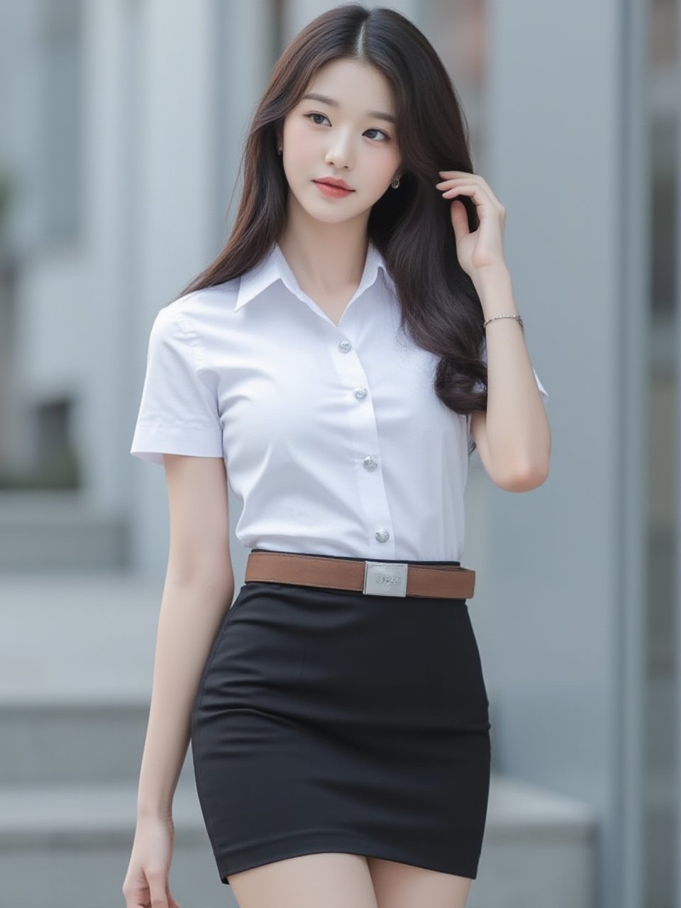 (ultra realistic,32k, masterpiece:1.2),(high detailed skin:1.1),( high quality:1.1), (masterpiece, best quality),Best quality,A 20-year-old elegant and sexy city Korean woman with perfect thick body posing in urban background, beauy_ks01, Her look is completed with natural wavy hair and neutral-toned makeup, jisosmile, ct-identity, upper body shot,Mahalai uniform,white short sleeve shirt,short black pencil skirt,brown belt 