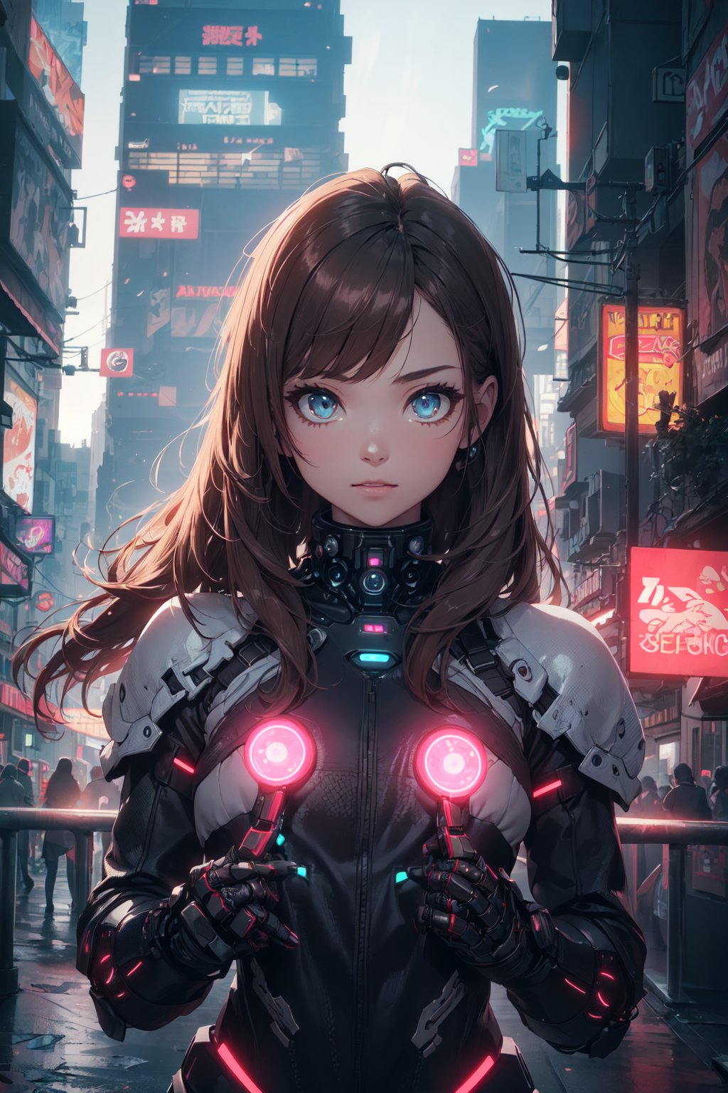 (Cyberpunk theme, epic scenery, neon filled megacity, neon lights, night), (megacity in background), (aerial view), (raytracing), (raytraced reflections, raytraced shadows, RTX global illumination), (delicate and petite teen girl, beautiful and elegant girl), ((futuristic clothing)), (brown hair, long hair, detailed face, cute face, robot eyes, glowing eyes), (nice hands, perfect hands), (masterpiece:1.2, best quality), (real picture, intricate details)