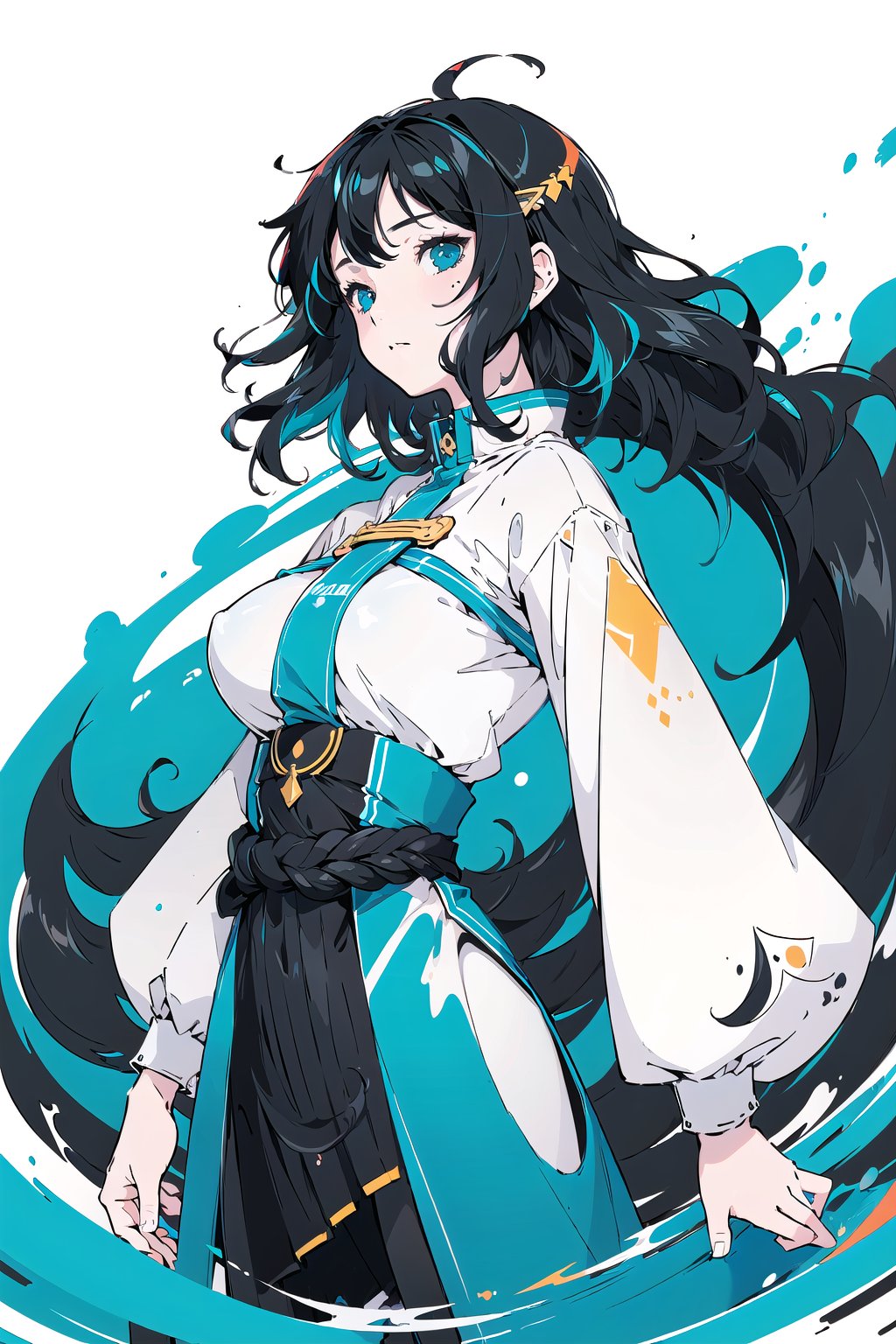 (masterpiece, top quality, official art:1.2), (flat color:1.5),(colorful), looking at the viewer, 1girl, solo, white background, floating colorful water, (2D:1.5), ((short black hair, wavy hair:1.2)), ((huge breasts)), looking at viewer