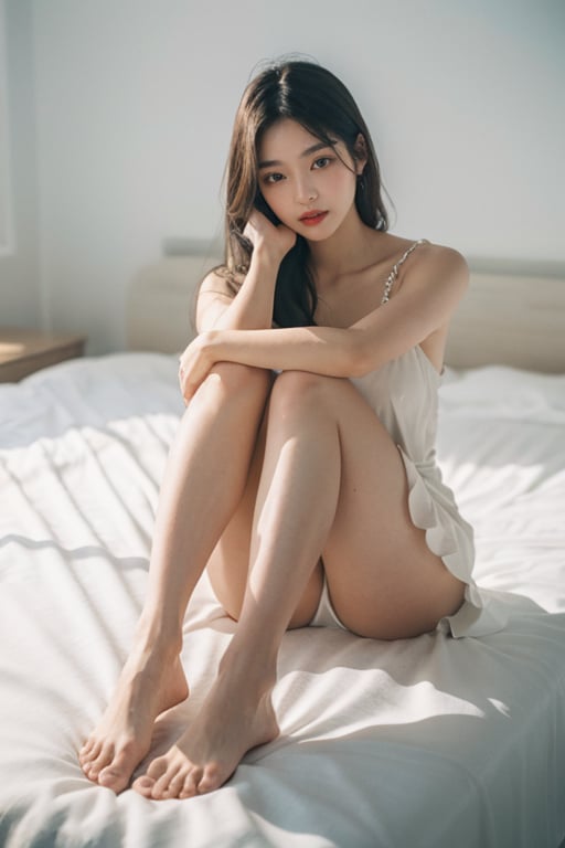 Photo of a 25-year-old woman, Long black hair, Masterpiece, High_Resolution , whole-length_Portrait, full_Body, White Room ,Photorealistic,simulating,Realism, Seductive_Pose, Sexy,Legs, Feet, White summer dress, 