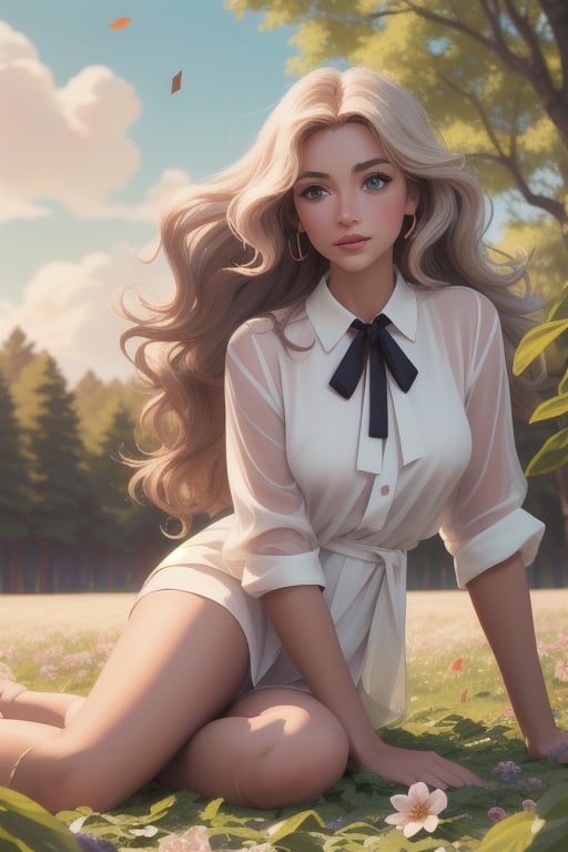 Masterpiece, High quality, photorealistic, cinematic lighting, long haired lady, animated figure, , serenity, harmony, smooth skin, tanned skin, white blouse, fields background, perfect eyes, perfect anatomy, wavy hair,  perfect legs, leaves falling from the trees, flowers on the ground, pastel colors, ribbon, trees on the background, clear sky, cloudscape