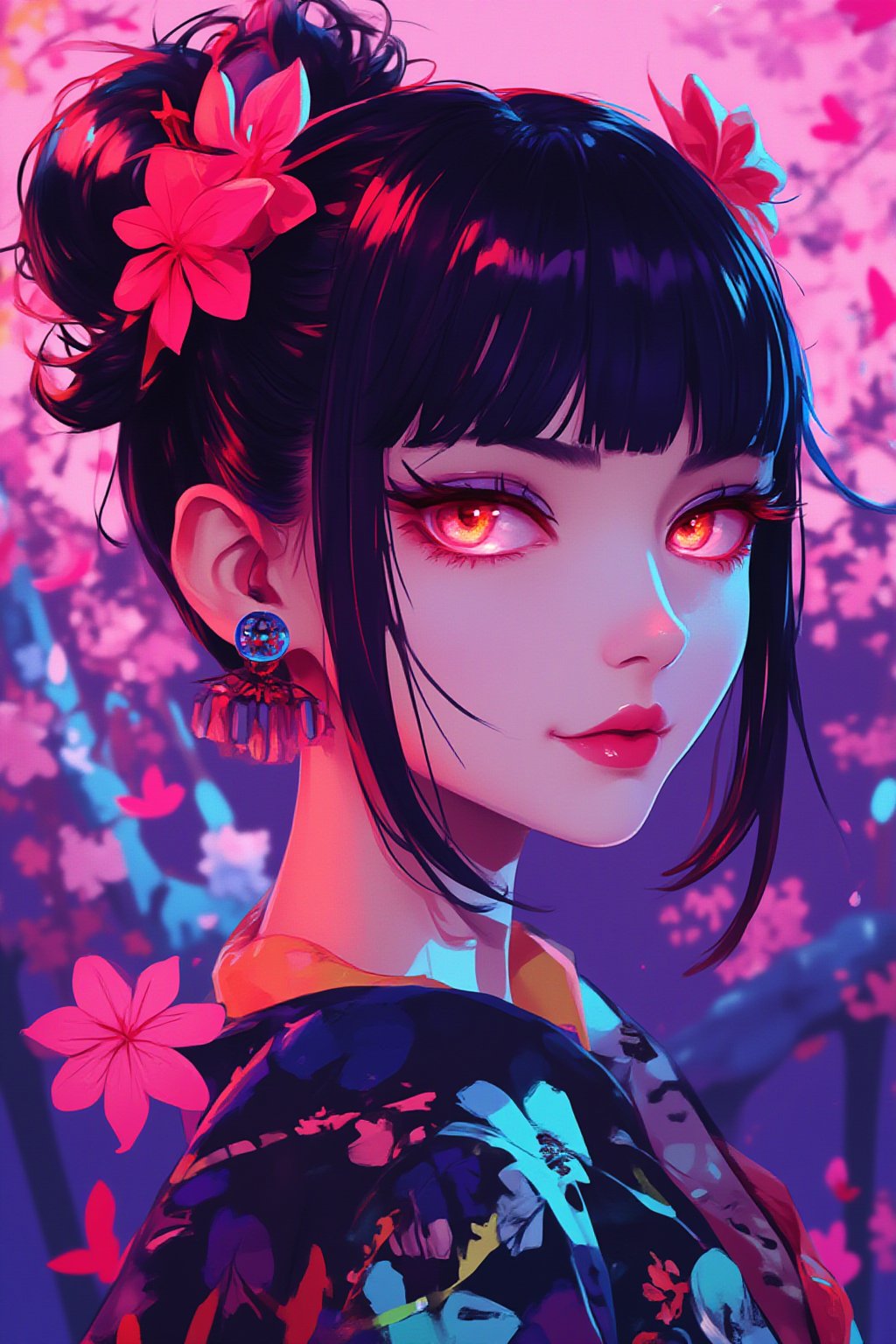 ((((futuremadness, , anime style, vivid colors, flat style, gradient, fluorecent , cyberpunk )))), 1girl, solo, looking at viewer, smile, bangs, black hair, hair ornament, red eyes, bow, jewelry, closed mouth, upper body, flower, earrings, outdoors, japanese clothes, pink eyes, kimono, blurry, tree, lips, parted bangs, eyelashes, makeup, depth of field, blurry background, floral print, cherry blossoms, tassel, hair rings, nose, 