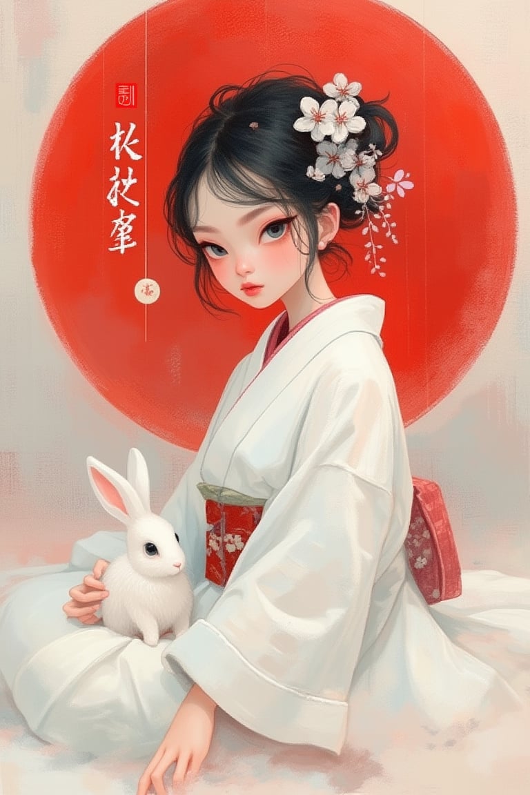 ((kawaiicolors, brushstrokes, texture paper,)) A young woman in a beautiful white kimono sits on a soft, . delicate floral hair ornaments  her gaze directed towards the viewer. A white rabbit sits beside her,  background features a large red circle and a traditional Chinese character,  blurred background with a sense of depth, 