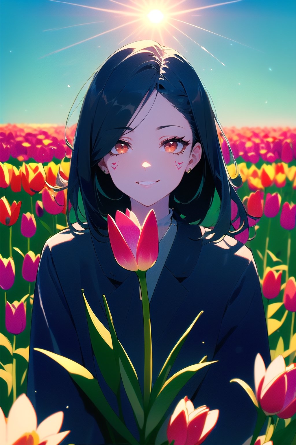 absurdres,  highres,  ultra detailed,  (1girl:1.3), smile , sunlight , lens flare reflection,lomography,  analog photography,  vibrant colors,  soft focus,  light leaks,  dreamy atmosphere,  experimental charm,  nostalgic appeal, looking into the viewer, tulips flower farm in bg, holding 1 tulip flower in right hand, perfect fingers,