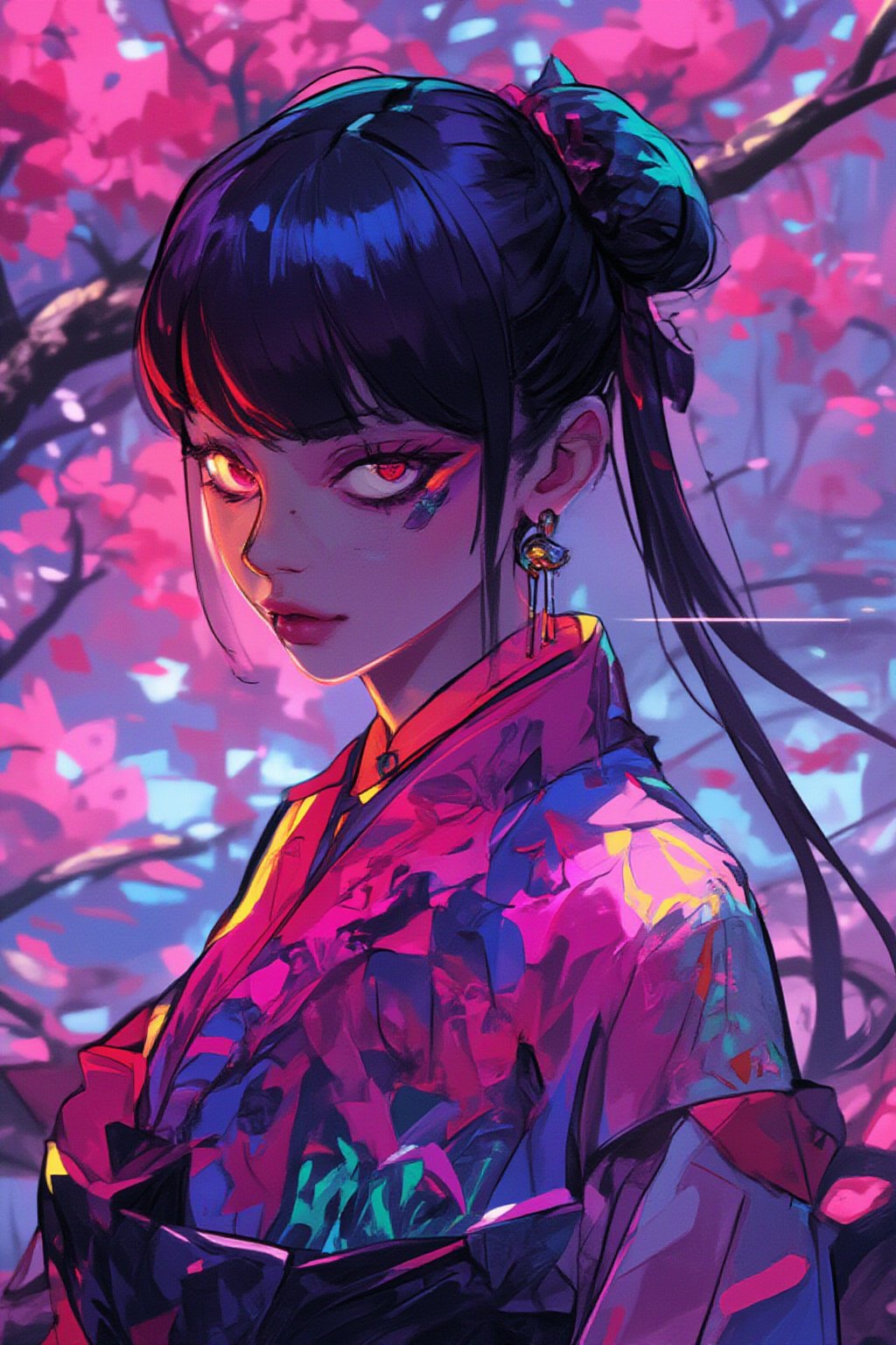 ((((futuremadness, , anime style, vivid colors, flat style, gradient, fluorecent , cyberpunk  cyborg)))), 1girl, solo, looking at viewer, smile, bangs, black hair, hair ornament, red eyes, bow, jewelry, closed mouth, upper body, flower, earrings, outdoors, japanese clothes, pink eyes, kimono, blurry, tree, lips, parted bangs, eyelashes, makeup, depth of field, blurry background, floral print, cherry blossoms, tassel, hair rings, nose, 