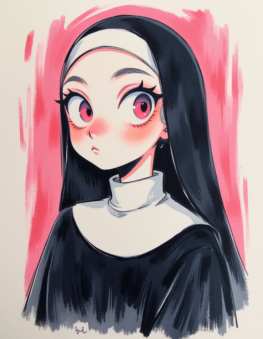 1girl, nun,kawaiicolors, texture paper, brush strokes, 