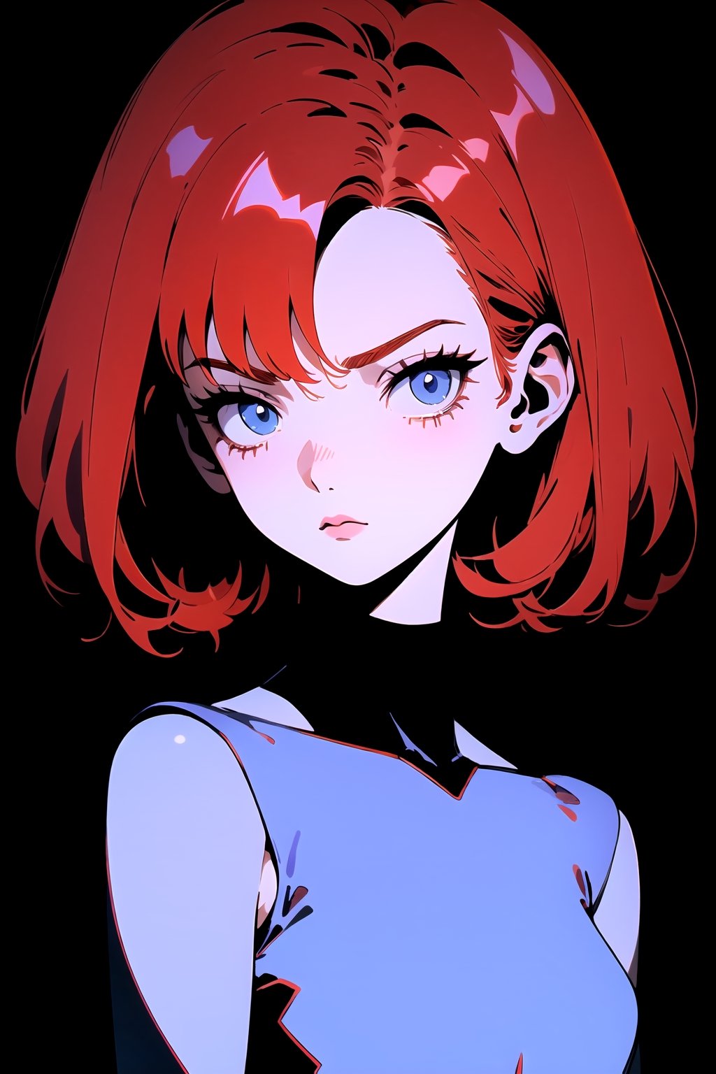 (flat color:1.3), masterpiece, highres,1girl, upper body, short red hair,blue eyes, simple background,1990s (style), (dark atmosphere), chromatic aberration