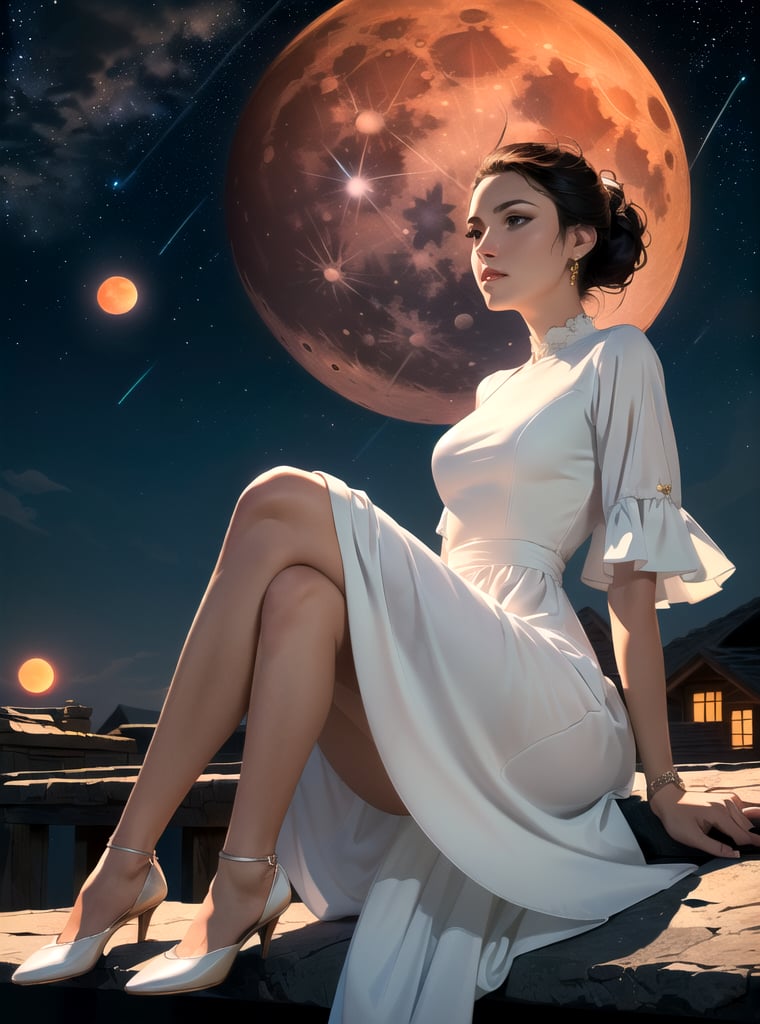 (best quality), (masterpiece), ((realistic), (detailed), beautiful woman
sitting on the edge of a building, wearing a white dress, facing the viewer, red
moon in the background, stars in the night sky, night time (masterpiece).
absurdres, HDR,Fantexi,dark studio