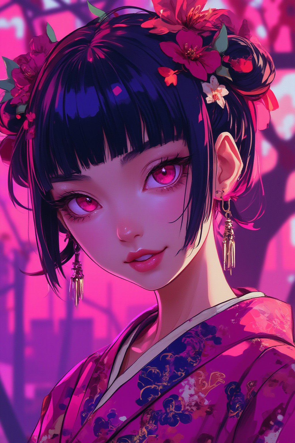 ((((futuremadness, , anime style, vivid colors, flat style, gradient, fluorecent , cyberpunk )))), 1girl, solo, looking at viewer, smile, bangs, black hair, hair ornament, red eyes, bow, jewelry, closed mouth, upper body, flower, earrings, outdoors, japanese clothes, pink eyes, kimono, blurry, tree, lips, parted bangs, eyelashes, makeup, depth of field, blurry background, floral print, cherry blossoms, tassel, hair rings, nose, 